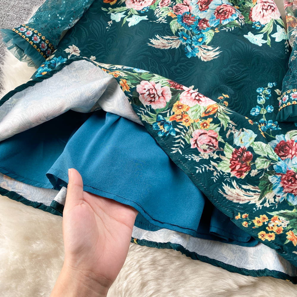 French Green High Neck Lace Stitching Beaded Floral Print Long Sleeve Dress AR1014 shopify