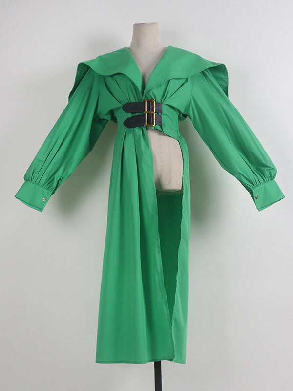 Pleated Black Asymmetric Lapel Waisted Long High Modern Belted FashionChic