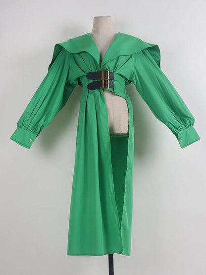 Pleated Black Asymmetric Lapel Waisted Long High Modern Belted FashionChic