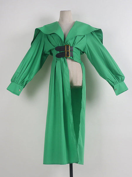 Pleated Black Asymmetric Lapel Waisted Long High Modern Belted FashionChic