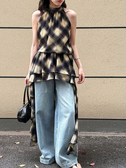 Asymmetric Khaki Plaid Neck Sleeveless Top High-Low Uniaue Halter FashionChic