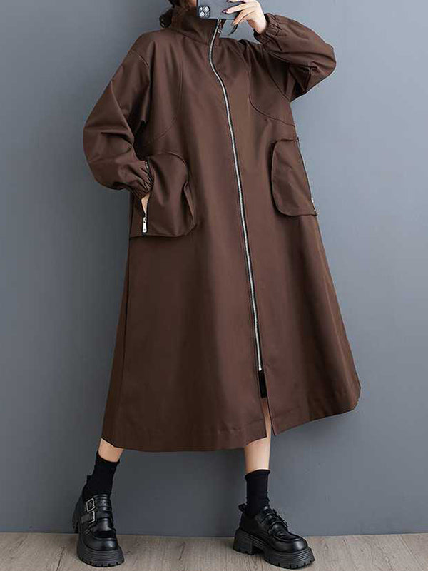 Retro Khaki High Neck Pockets Zip-up Long Sleeve Trench Coat TW005 ABC