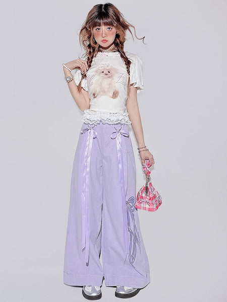 Outfit + Bow Purple - Bittersweet Pants White Details with Print Wide-leg T-shirt Puppy FashionChic