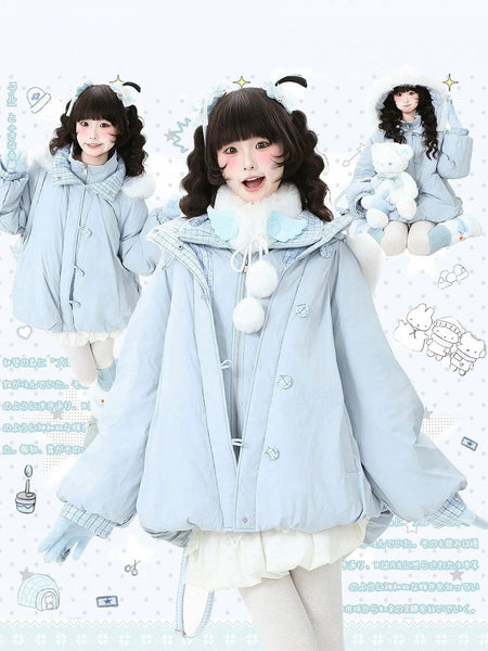 Hood Down Detachable Daily Kawaii Light Coat with Blue Two-piece FashionChic