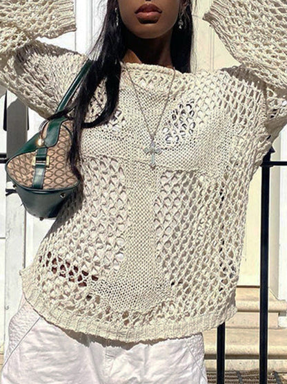 Punk White Round-Neck Hollow Out Cross Knit Long Sleeve Top AN1063 Genistyle Shop