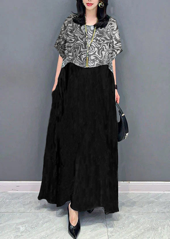 Bohemian black texture O Neck Pockets Print Patchwork Silk Long Dresses Summer TT1032 shopify