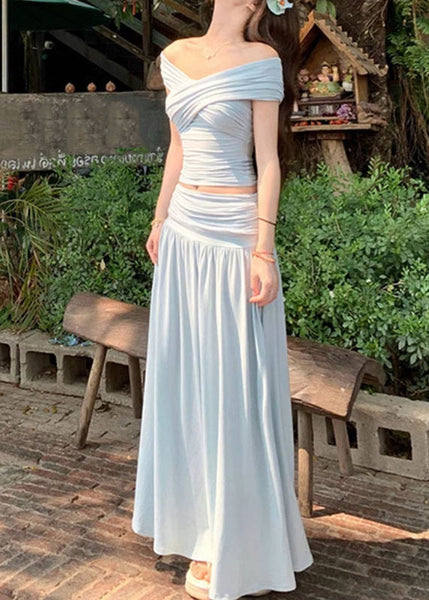 Art Two Beige Summer Skirts Pieces Wrinkled And Set Tops Cotton FashionChic