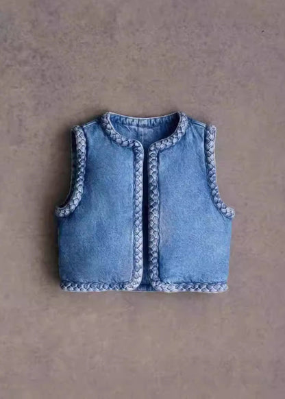 O Bohemian Cotton Filled Blue Fine Denim Vest Neck Sleeveless FashionChic