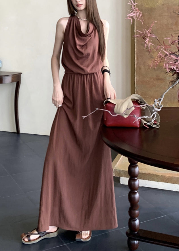 Stylish Brick Red Drawstring Cotton Dresses Sleeveless EE006 shopify