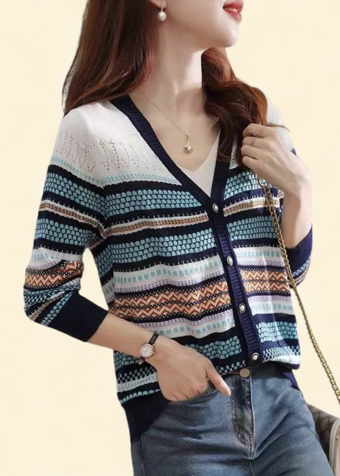 Women Colorblock V Neck Striped Patchwork Button Knit Cardigans Fall QP010 OL-NCT241001