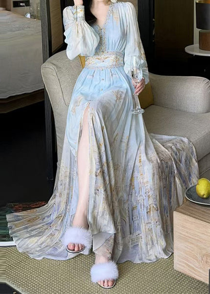 Maxi Chiffon Print Dresses Waist Blue Stylish V Spring High Neck FashionChic