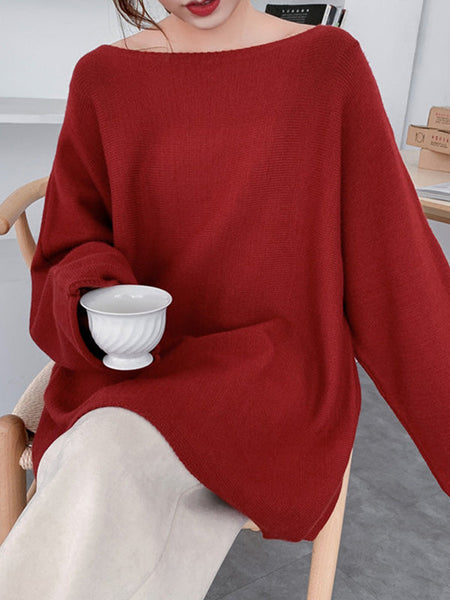 Loose Burgundy Round-Neck Long Sleeve Knit Top AN1071 Genistyle Shop