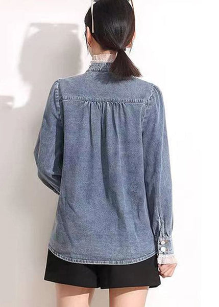 French Blue Stand Collar Asymmetrical Patchwork Lace Cotton Denim Coats Long Sleeve AJ1005 shopify