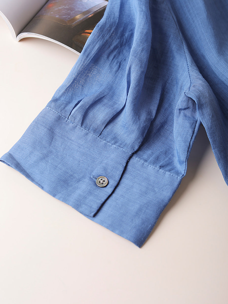 Women Summer Artsy Solid V-Neck Ramie Shirt CC051 XE