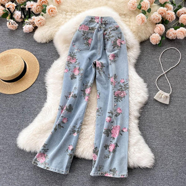 Women Blue Rose Print Wide Leg Denim Pants AR1016 shopify