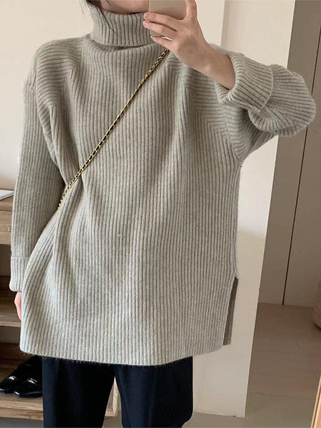 Simple Blue High Neck Split-Side Long Sleeve Sweater QX013 shopify