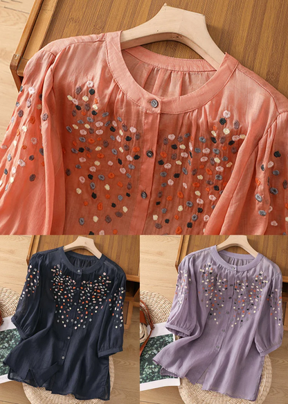 Grace Purple O Neck Embroideried Side Open Linen Blouse Spring QB032 GSK-241025