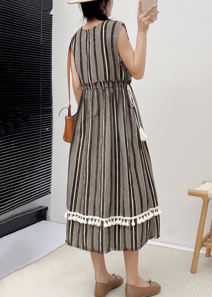 New Striped Ruffled Pockets Lace Up Cotton Dress Sleeveless NN029 shopify
