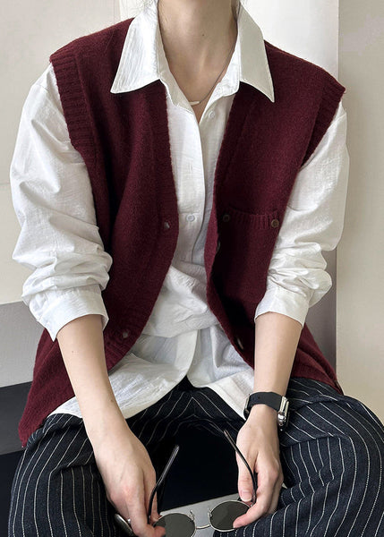 Wine Red Pockets Cozy Knit Waistcoat V Neck Fall AF1022 HS-NCT240914