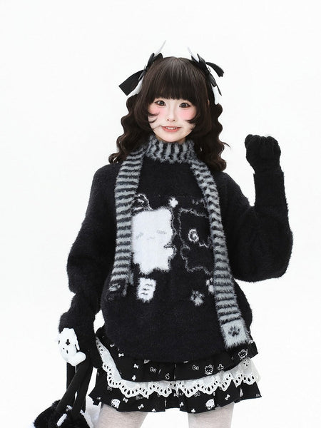 in with Pattern Grey/Black Scarf Cat Kawaii Striped Daily Sweater Set FashionChic