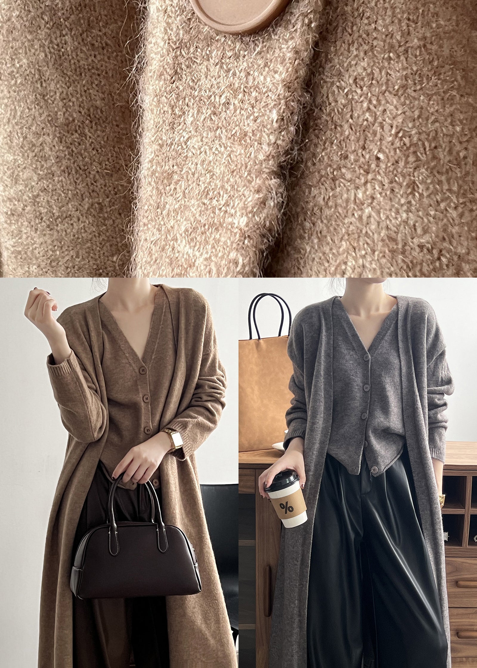 Loose Camel V Neck Tank And Cardigan Knit Two Piece Set Fall AF1097 HS-TPIEC240914