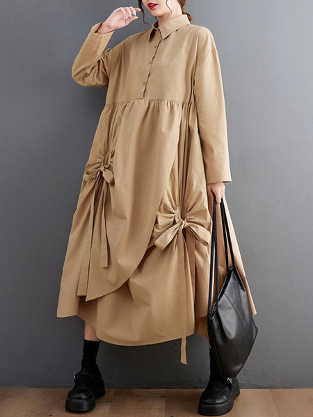 Stylish Black Lapel Buttoned Drawstring Pleated Tied Pockets Sleeves Shirt Dress WS004 shopify
