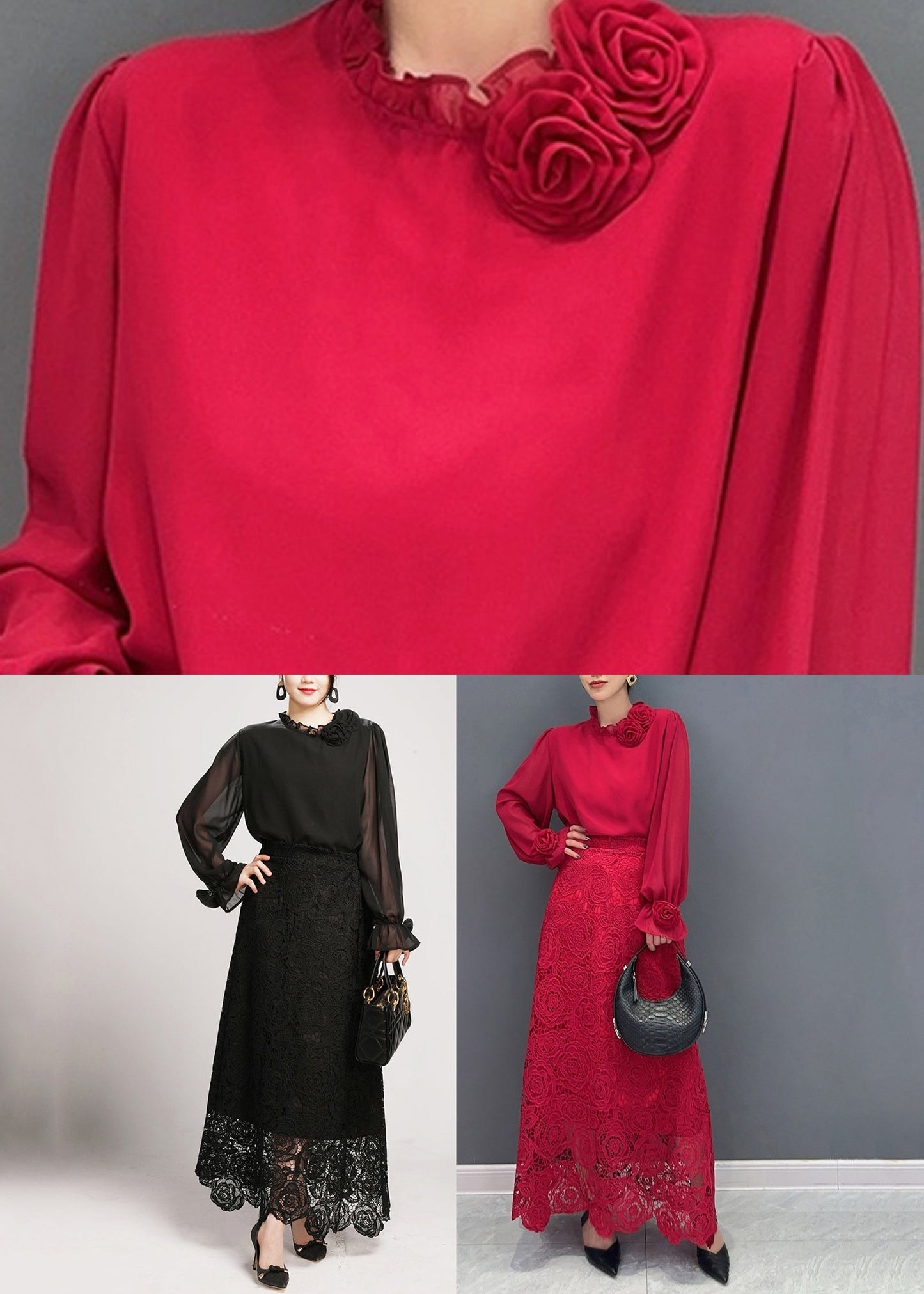 Black Lace Shirts And Maxi Skirts Two Pieces Set V Neck Long Sleeve AO1042 JDML-TPIEC240909