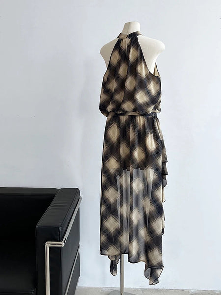 Asymmetric Khaki Plaid Neck Sleeveless Top High-Low Uniaue Halter FashionChic