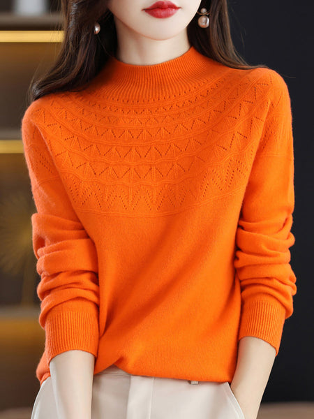 Women Autumn Solid Cable Knit 100%Wool Half Turtleneck Sweater QN017 BK