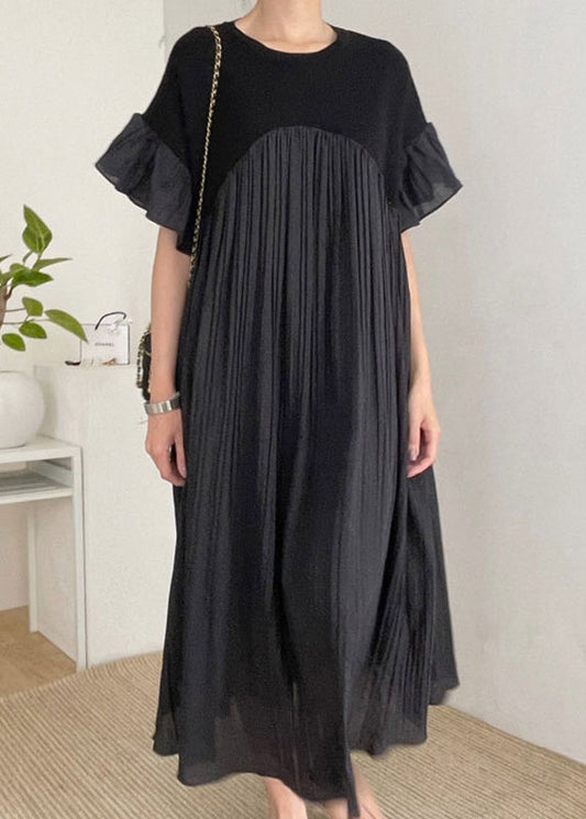 Dress Women Black Patchwork Sleeve Oversized Pleated Butterfly FashionChic