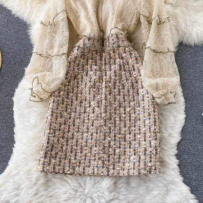 Elegant Khaki Stand Collar Embroidery Lace Long Sleeve Patchwork Sequins Tweed Dress AR1012 shopify