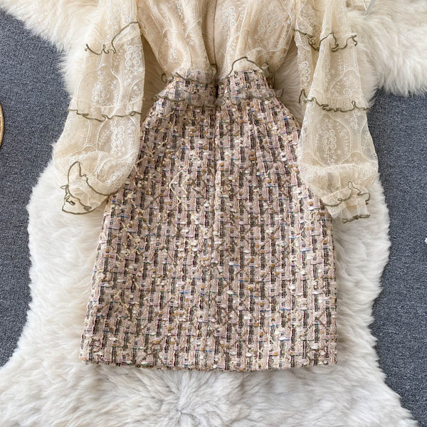 Elegant Khaki Stand Collar Embroidery Lace Long Sleeve Patchwork Sequins Tweed Dress AR1012 shopify