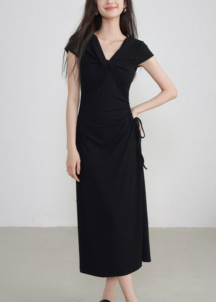 Classy Black V Neck Cinched Maxi Dresses Short Sleeve EE033 shopify