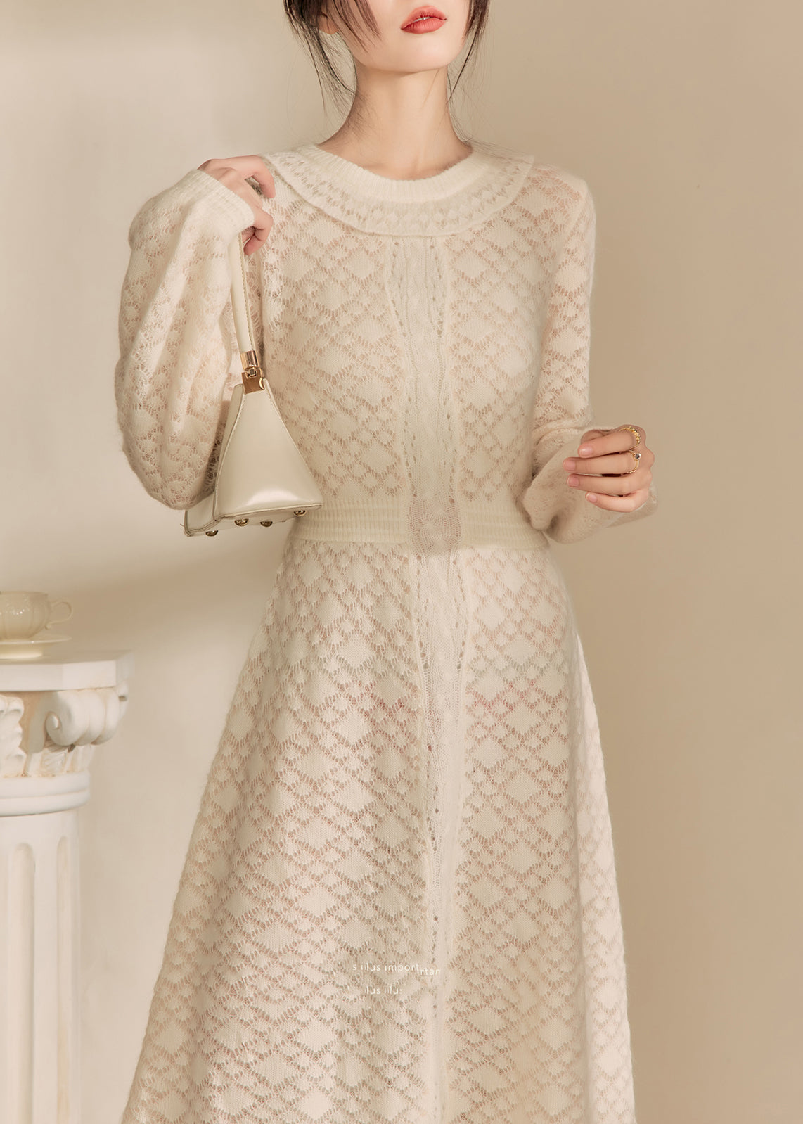 French Beige O Neck Jacquard Knitted Dress Fall WV013 ABC