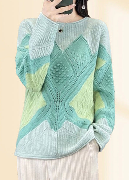 Beautiful Green O-Neck Plaid Cotton Knit Sweaters Fall QP018 OL-NTP241001