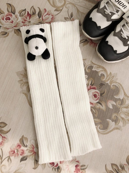 Set Pom-Pom Brooch Knitted + Warmers Black White Leg Decorated / Creamy Panda FashionChic