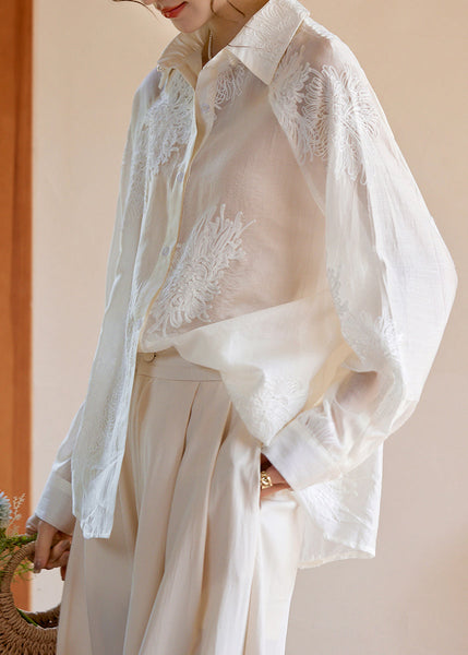 Elegant White Peter Pan Collar Embroidered Button Silk Shirts Fall EE019 shopify