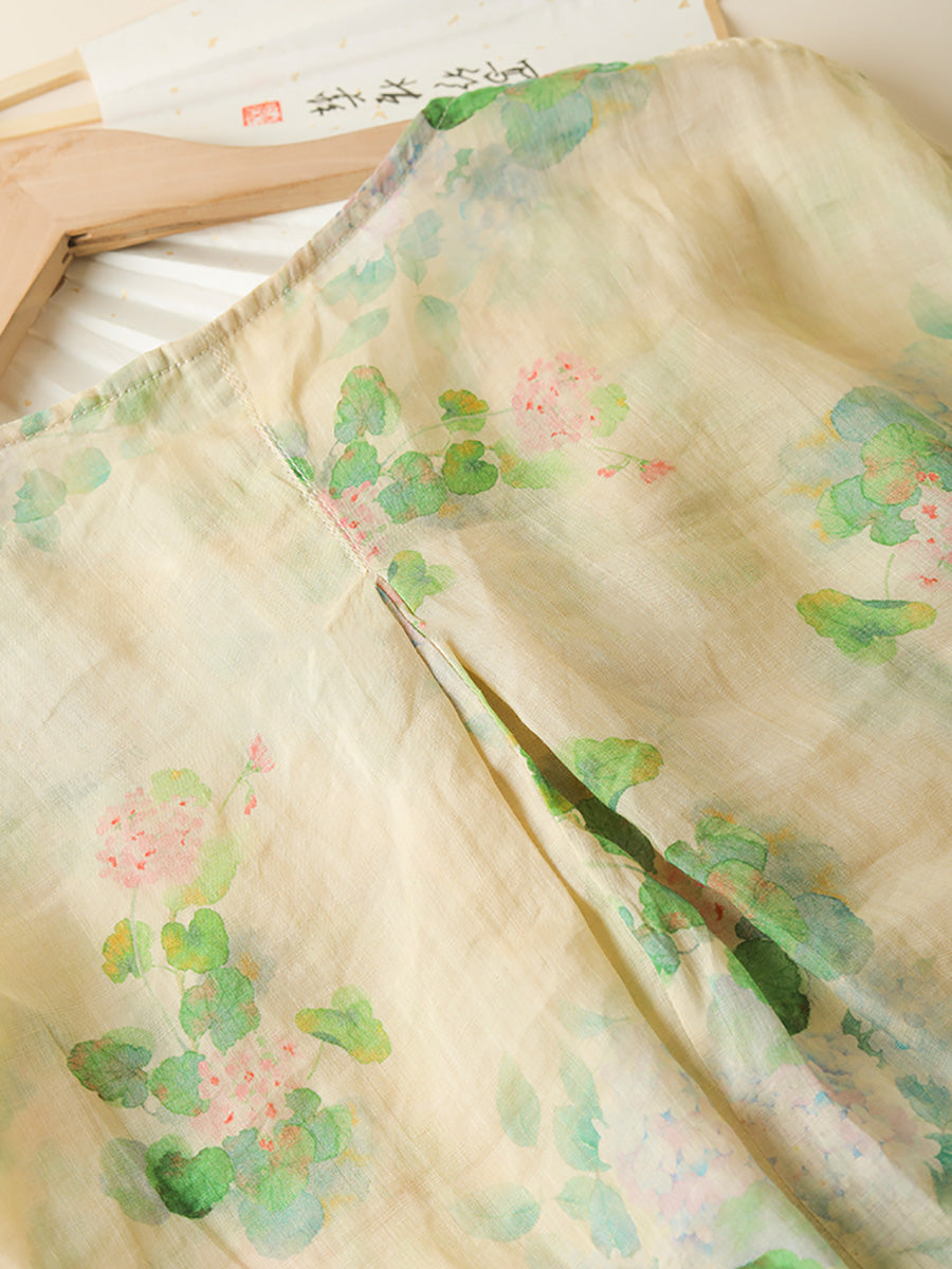 Women Summer Artsy Flower Button-up Pocket Ramie Shirt CC047 LPP