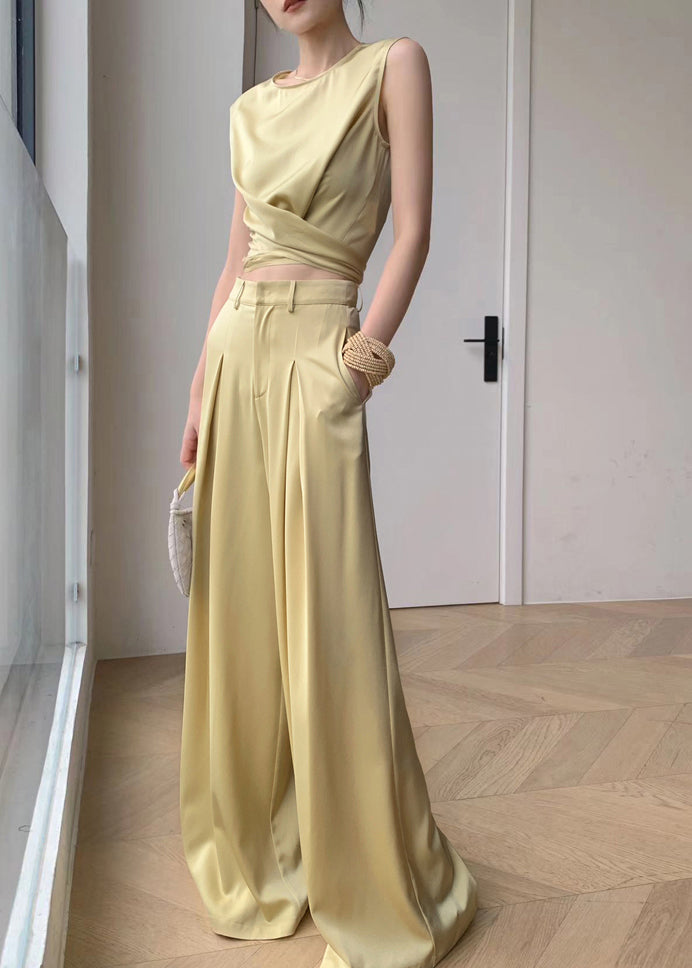 French Yellow O-Neck Silk Top And Wide Leg Pants Two Pieces Set Sleeveless AN1027 Genistyle Shop