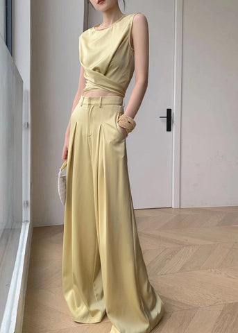 French Yellow O-Neck Silk Top And Wide Leg Pants Two Pieces Set Sleeveless AN1027 Genistyle Shop
