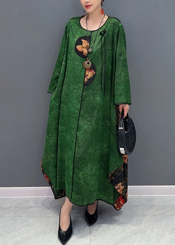 Chinese Style Red O-Neck Patchwork Holiday Silk Long Dress Long Sleeve AO1057 JDML-FDL240909