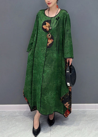 Chinese Style Red O-Neck Patchwork Holiday Silk Long Dress Long Sleeve AO1057 JDML-FDL240909