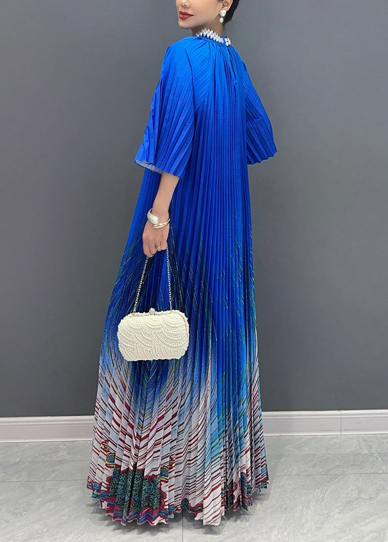 Unique Blue Stand Collar Print Wrinkled Long Dress Summer AO1002 JDML-SDL240909