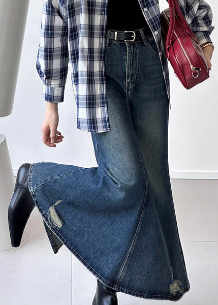 French Blue Hole High Waist Denim Maxi Skirts Fall AF1019 HS-SKTS240914