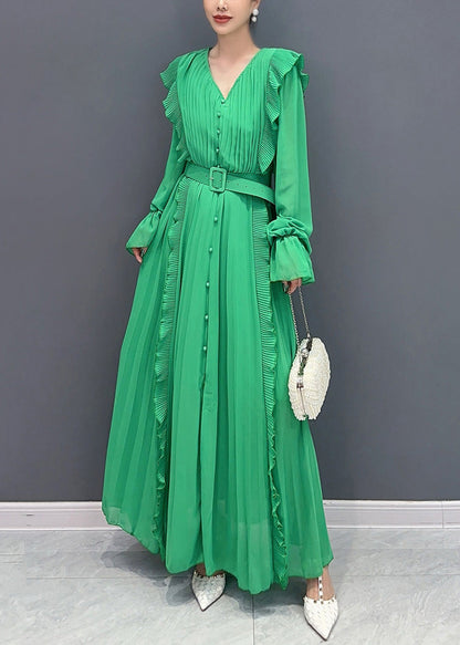 New Green Ruffled Button Sashes Chiffon Dress Long Sleeve AR1033 JDML-240823