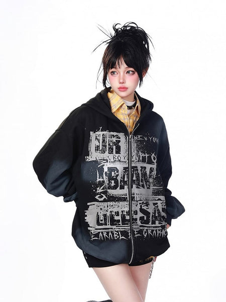 Dye Y2K Hoodie Letter Red/Black with Tie Print Design Jacket FashionChic