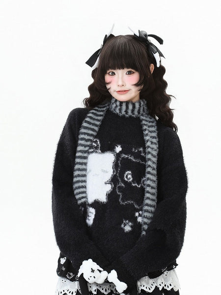 in with Pattern Grey/Black Scarf Cat Kawaii Striped Daily Sweater Set FashionChic