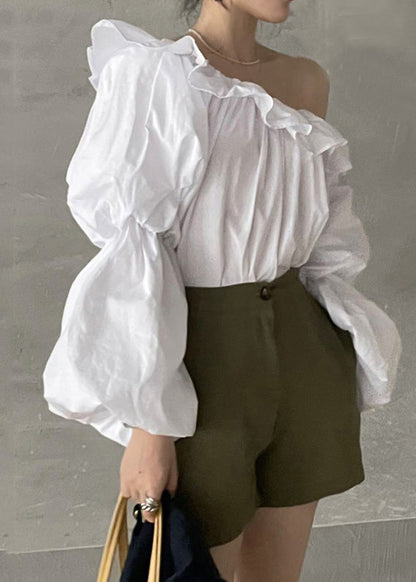 Cold Blouse Puff Sleeve French Shoulder Cotton White Top FashionChic