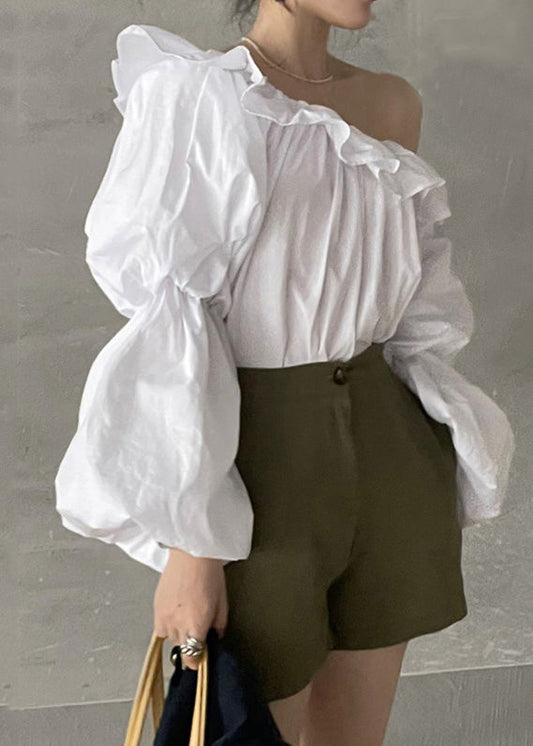 Cold Blouse Puff Sleeve French Shoulder Cotton White Top FashionChic
