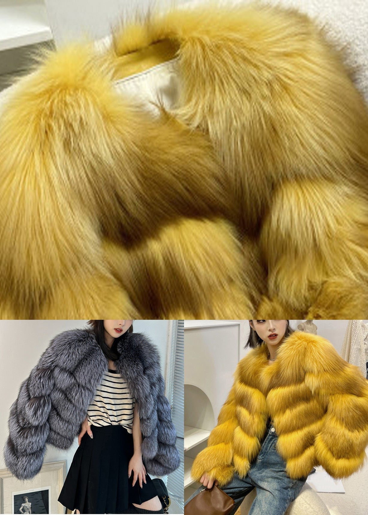 Classy Yellow Fox Collar Leather And Fur Coats Winter WV031 ABC